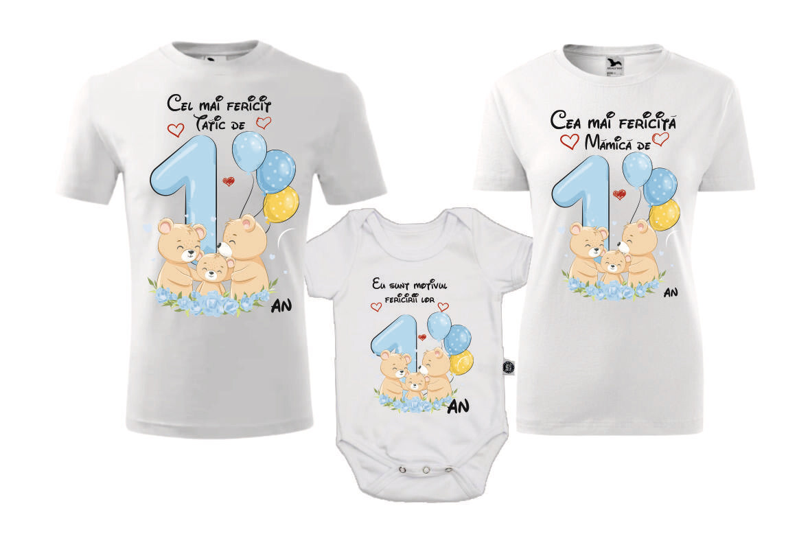 Set tricouri aniversare 1 an – model Ursuleți – Mamă, Tată și Body bebeluș – bumbac 100%
