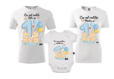 Set tricouri aniversare 1 an – model Ursuleți – Mamă, Tată și Body bebeluș – bumbac 100%