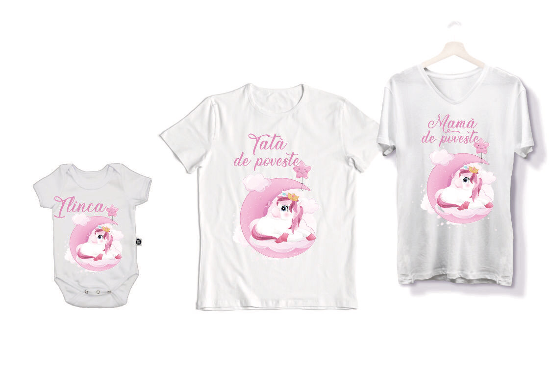 Set tricouri aniversare Unicorn – Mamă, Tată și Body personalizat fetiță – model „De poveste” – bumbac 100%