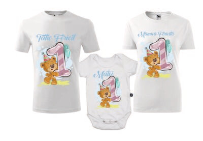 Set tricouri aniversare 1 an – model Bear – Mamă, Tată și Body cu nume bebeluș – bumbac 100%