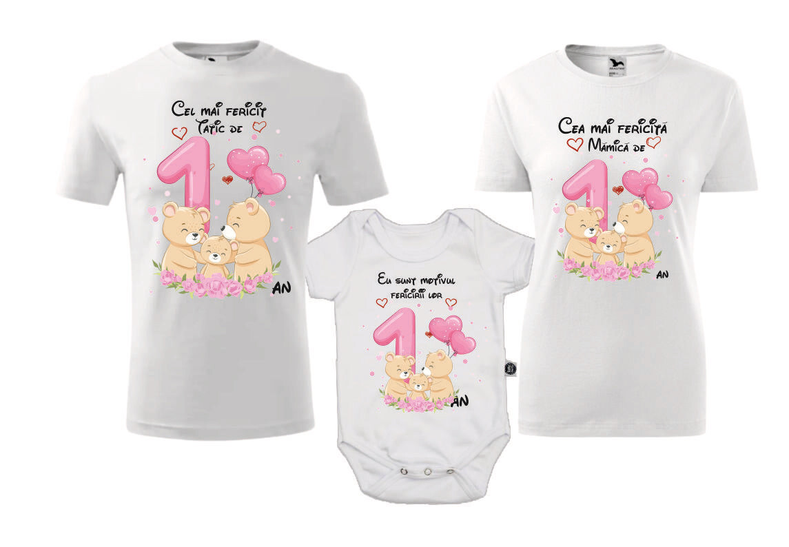 Set tricouri aniversare 1 an – Ursuleți roz – Mamă, Tată și Body fetiță – bumbac 100%
