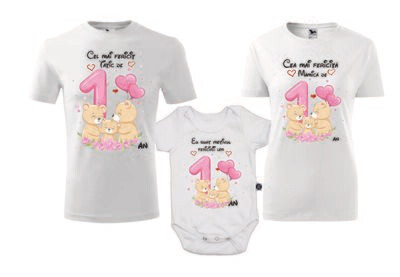 Set tricouri aniversare 1 an – Ursuleți roz – Mamă, Tată și Body fetiță – bumbac 100%