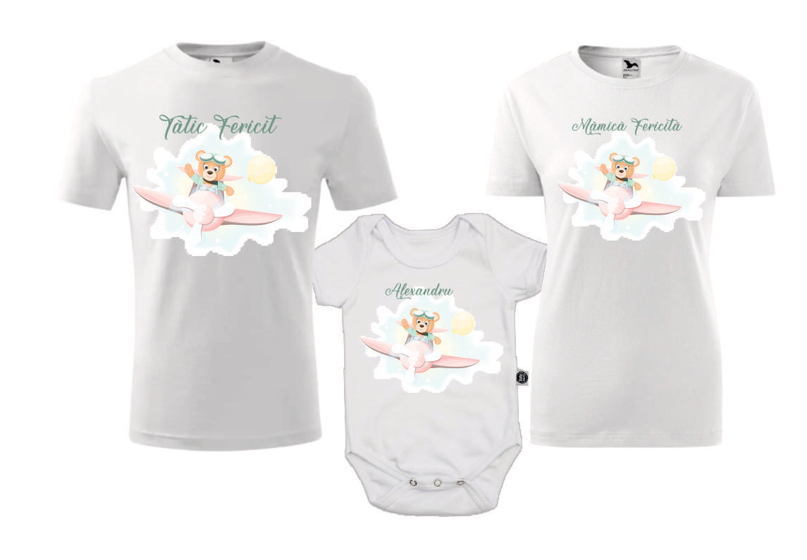 Set tricouri aniversare „Ursuleț Pilot” – Mamă, Tată și Body personalizat – bumbac 100%