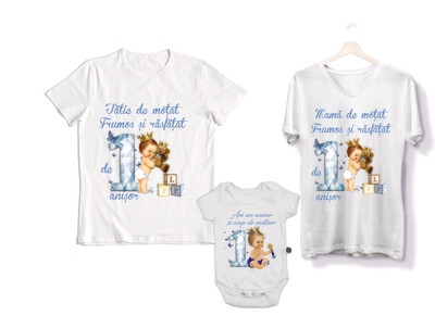 Set tricouri familie – „Prinț de 1 an” – Mamă, Tată și Body bebeluș – bumbac 100%, imprimeu aniversar