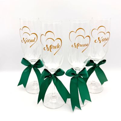 Pahare de Nuntă pentru Nași cu Funda verde si scris Gold Pahare de Nuntă pentru Nași cu Funda verde si scris Gold