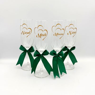 Pahare de Nuntă pentru Nași cu Funda verde si scris Gold