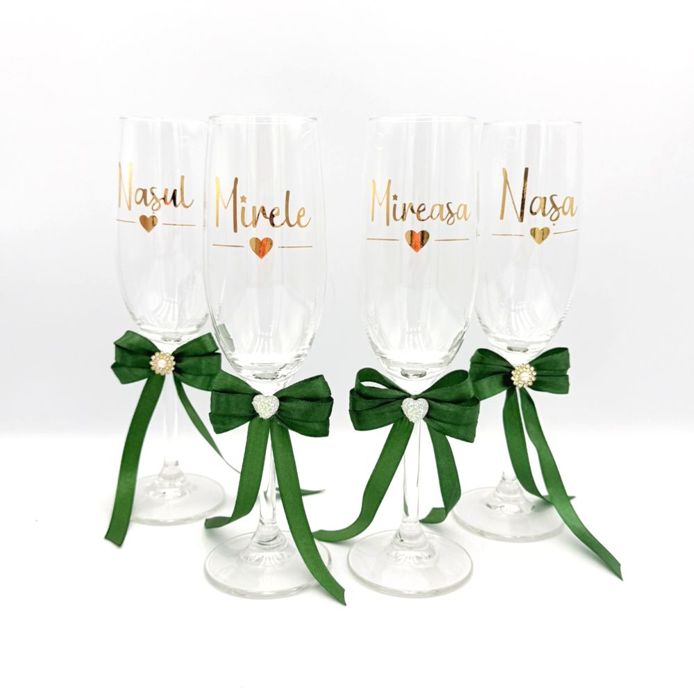 Set Pahare de Șampanie pentru Nuntă cu Scris Gold si inima