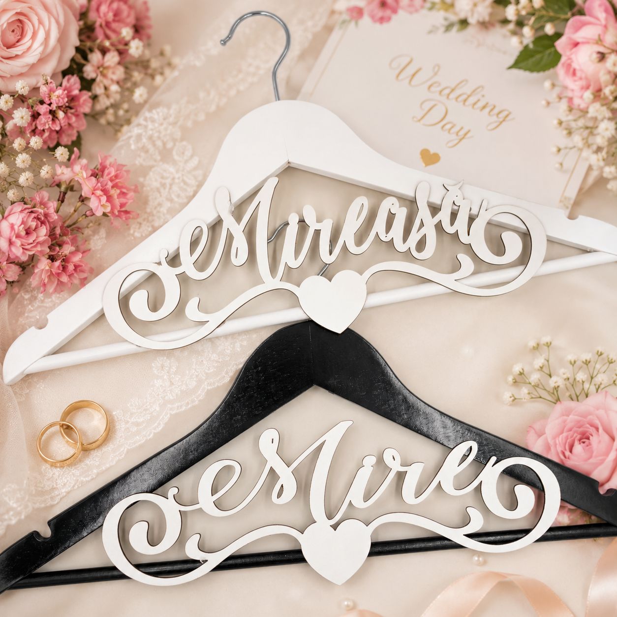 Set Elegant de Umerașe pentru Mireasă și Mire – Design Clasic, Lemn Alb și Negru