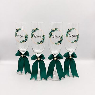 Set Pahare Șampanie Nuntă „Green- Mireasa si Mirele” si Nasul si Nasa - 210 ml, 4Bucăți