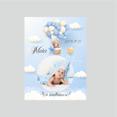 Magnet Mărturie Botez Băiețel „Ursuleț în Balon” – Personalizat cu Poză, Nume și Dată