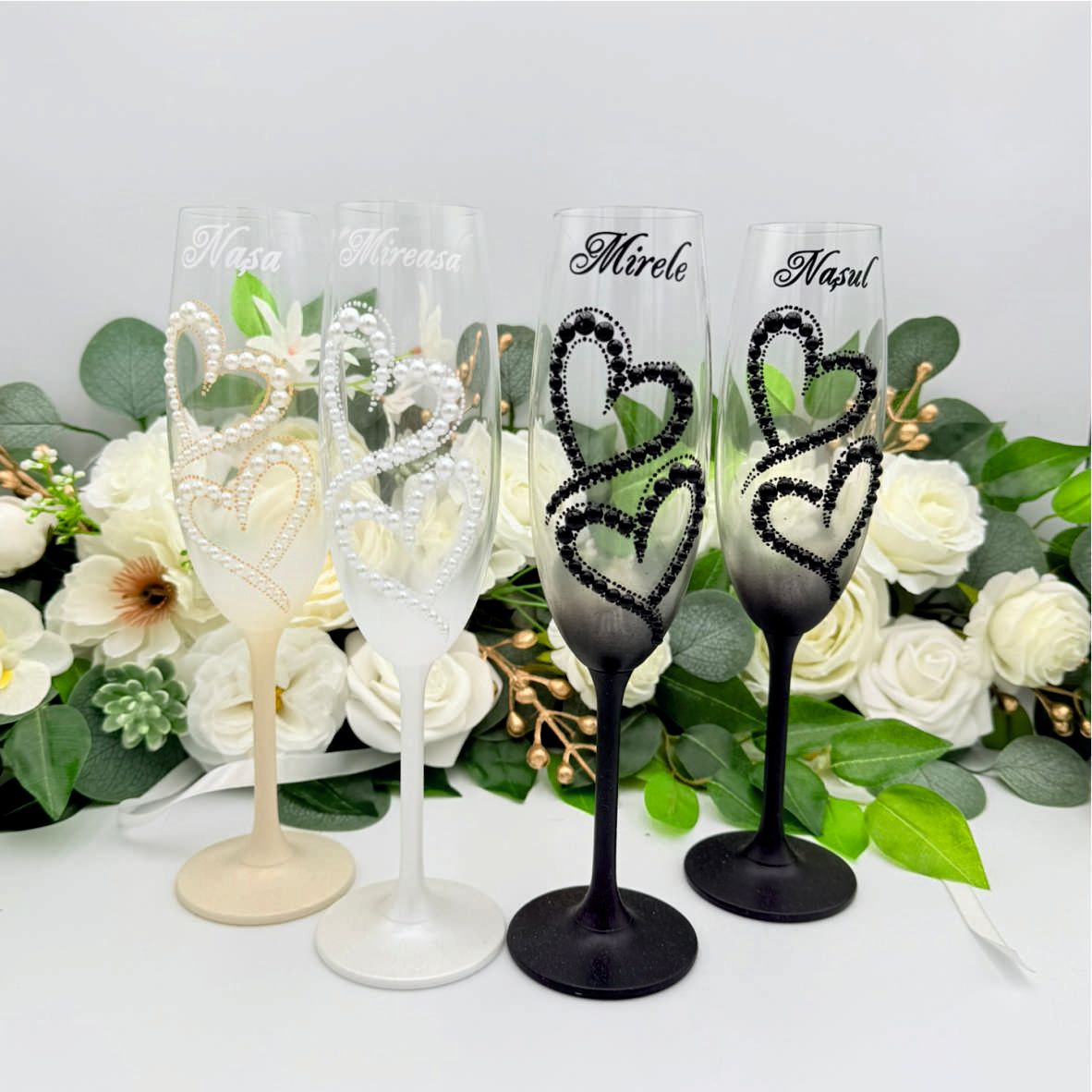 Set  4  pahare miri si nasi - Decor cu inimi