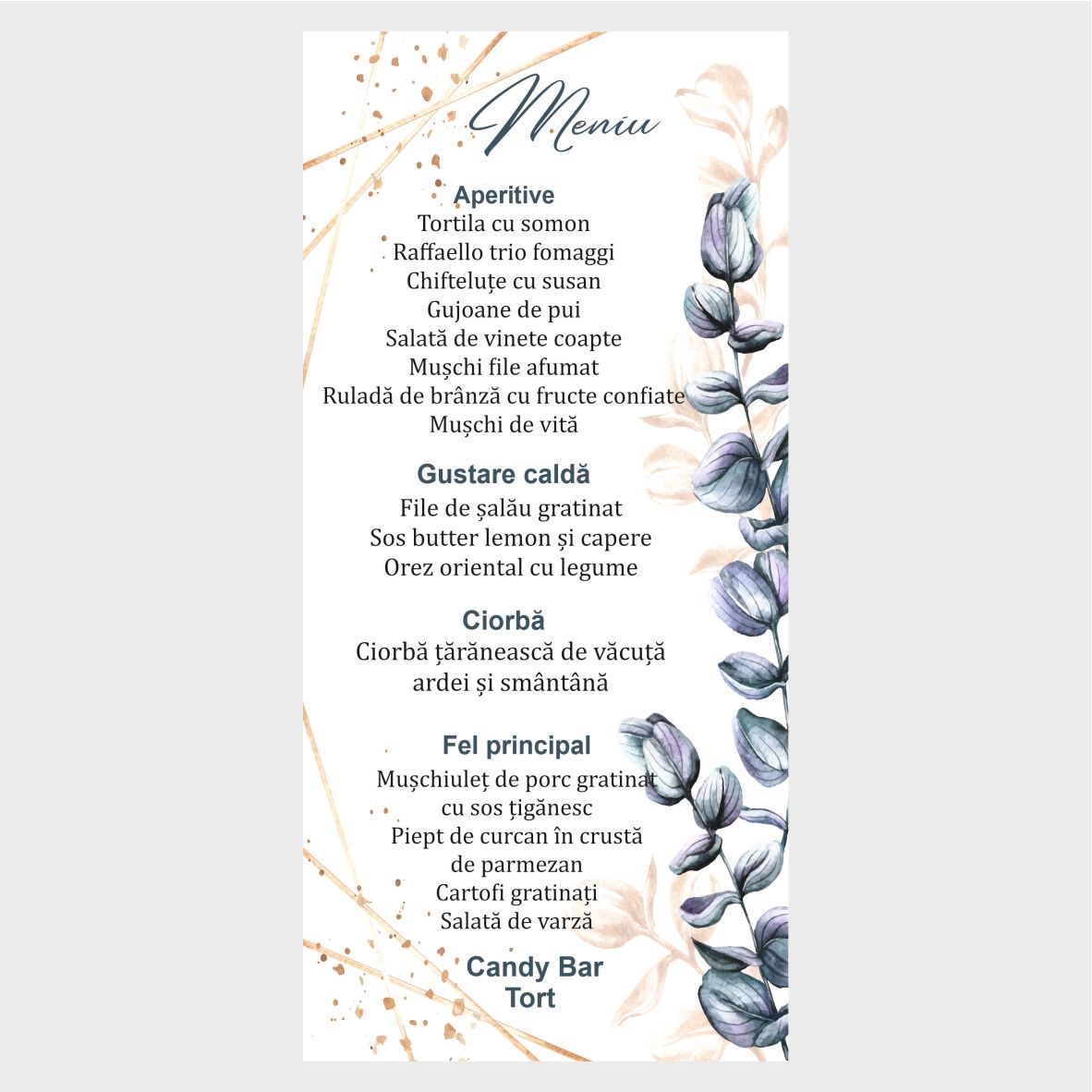 Meniu elegant nuntă/botez – model floral cu accente aurii - Olive blue
