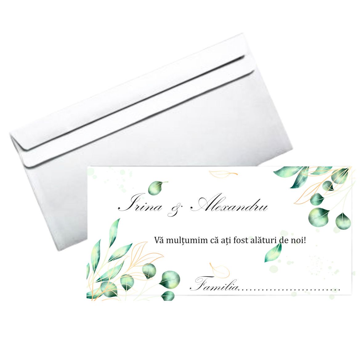 Plic bani nuntă personalizat „Olive” – design cu frunze verzi și accente aurii – hârtie 80g, format DL