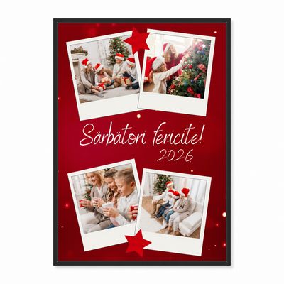Rama foto Craciun „Sărbători fericite! 2026” – colaj cu 4 poze, print premium pe hârtie RC 260 g, cu ramă inclusă
