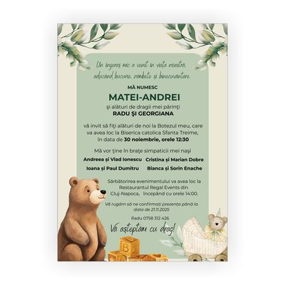 Invitatie de botez "Povestea ursuletului maro", 125 x 175 mm + plic