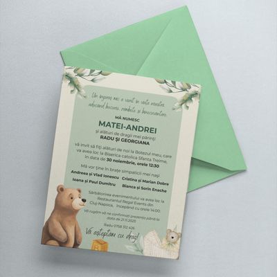 Invitatie de botez "Povestea ursuletului maro", 125 x 175 mm + plic