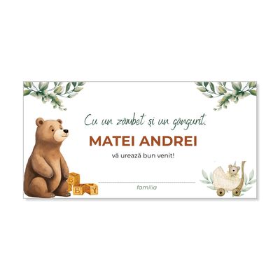 Plic de bani botez "Povestea Ursuletului Maro" – cartonat 250g cu buzunar interior
