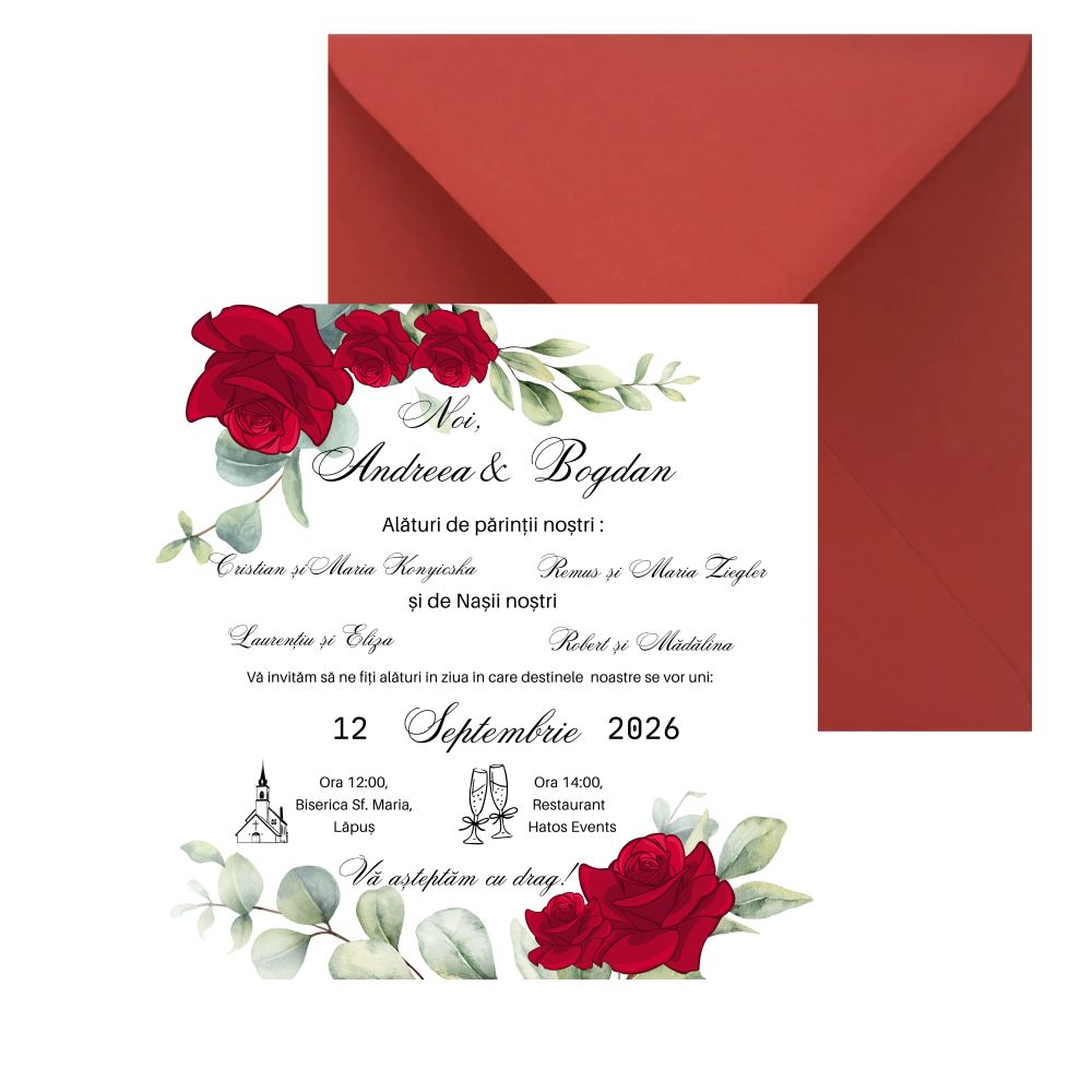Invitatie pentru nuntă Red Rose, 15x15 cm cu plic inclus