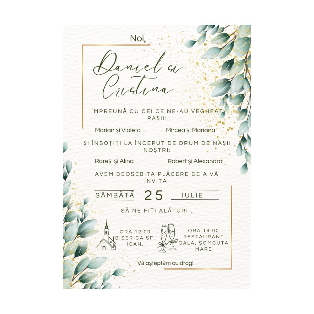 Invitatie Nuntă Green, 10x15cm, fără plic