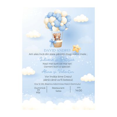 Invitatie Botez Baietel, Bear Baloon. 13x18 cm +Plic