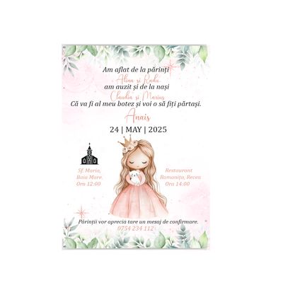 Invitatie Botez Princess + plic , 13x18 cm