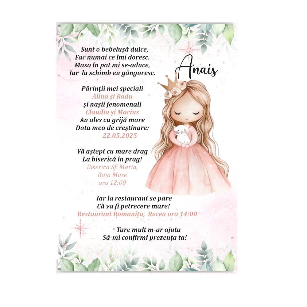 Invitatie Model 2 Princess +Plic , 13x18 cm