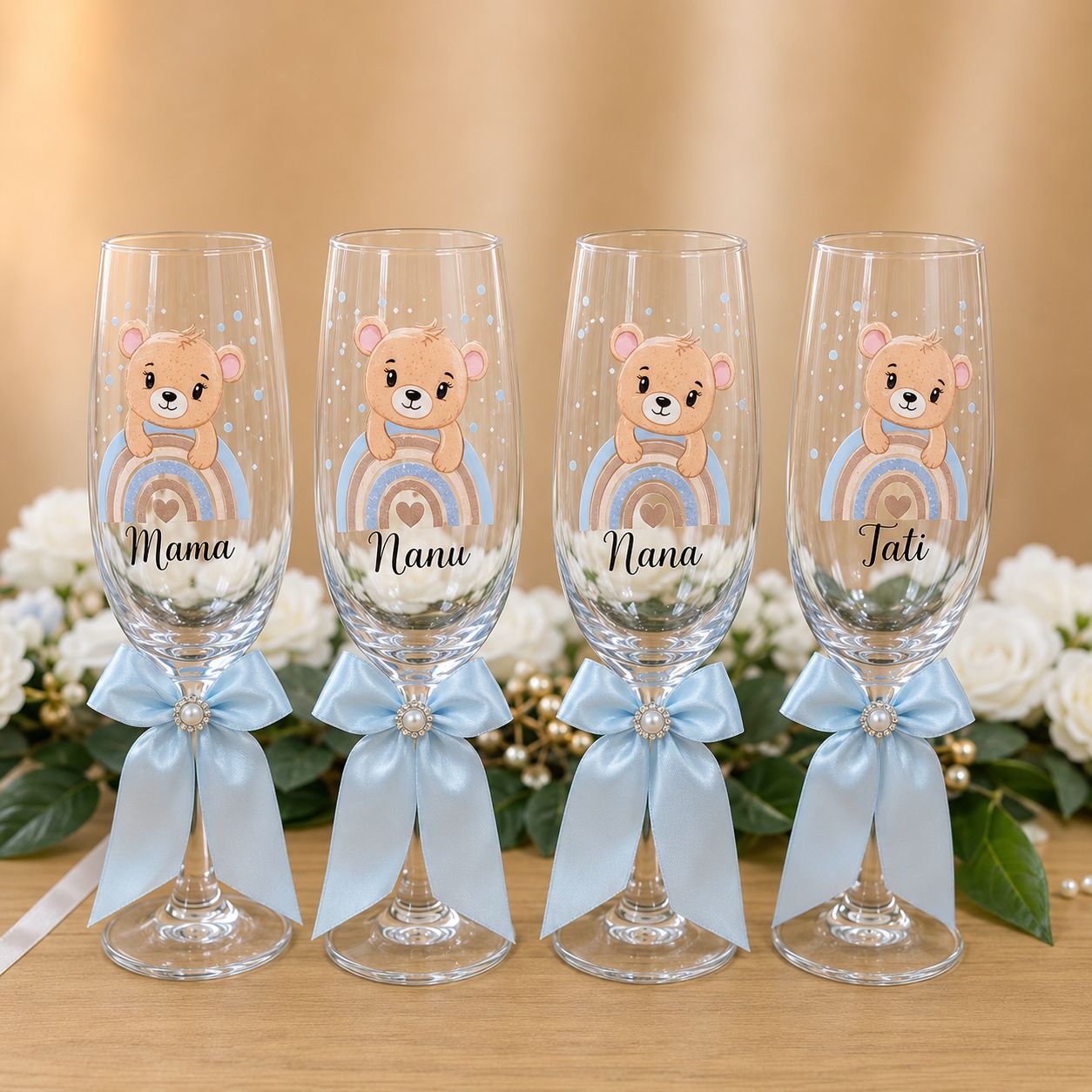 Set 4 pahare pentru Botez cu Ursulet si funda baby blue, 210 cl