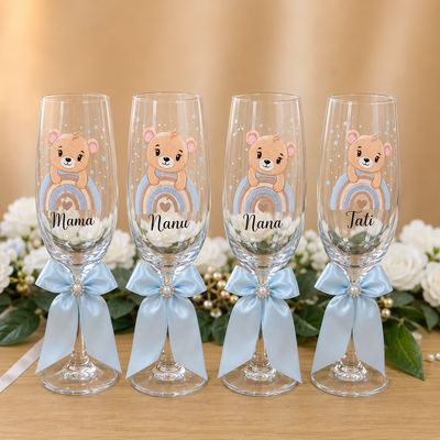 Set 4 pahare pentru Botez cu Ursulet si funda baby blue, 210 cl