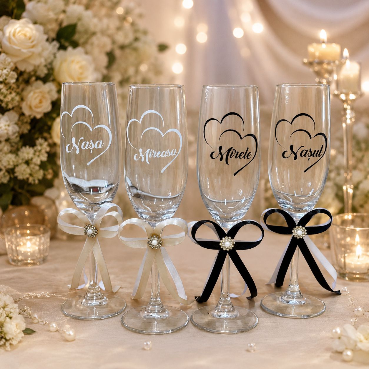 Set 4 pahare șampanie personalizate pentru nuntă – Nașa, Mireasa, Mirele și Nașul