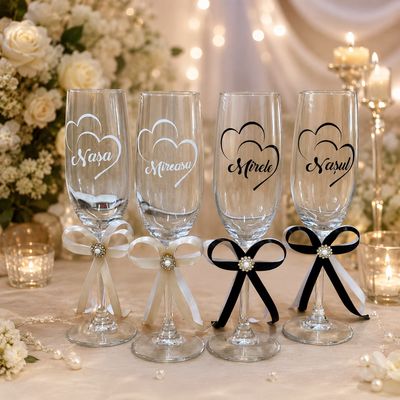 Set 4 pahare șampanie personalizate pentru nuntă – Nașa, Mireasa, Mirele și Nașul