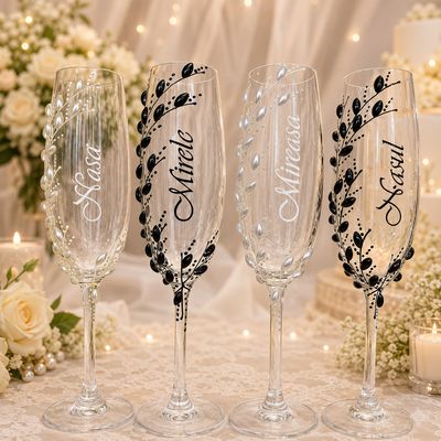 Set pahare șampanie pentru miri și nași – Pahare elegante pentru nuntă