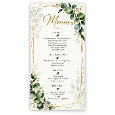 Meniu de nuntă personalizat 99×210 mm – Eucalipt &amp; Auriu – Carton Premium 250 g
