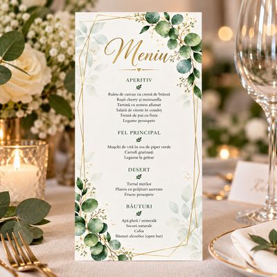 Meniu de nuntă personalizat 99×210 mm – Eucalipt &amp; Auriu – Carton Premium 250 g