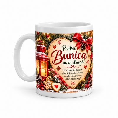 Cană cadou cu tematică de Crăciun pentru bunica din partea nepotului,330 ml