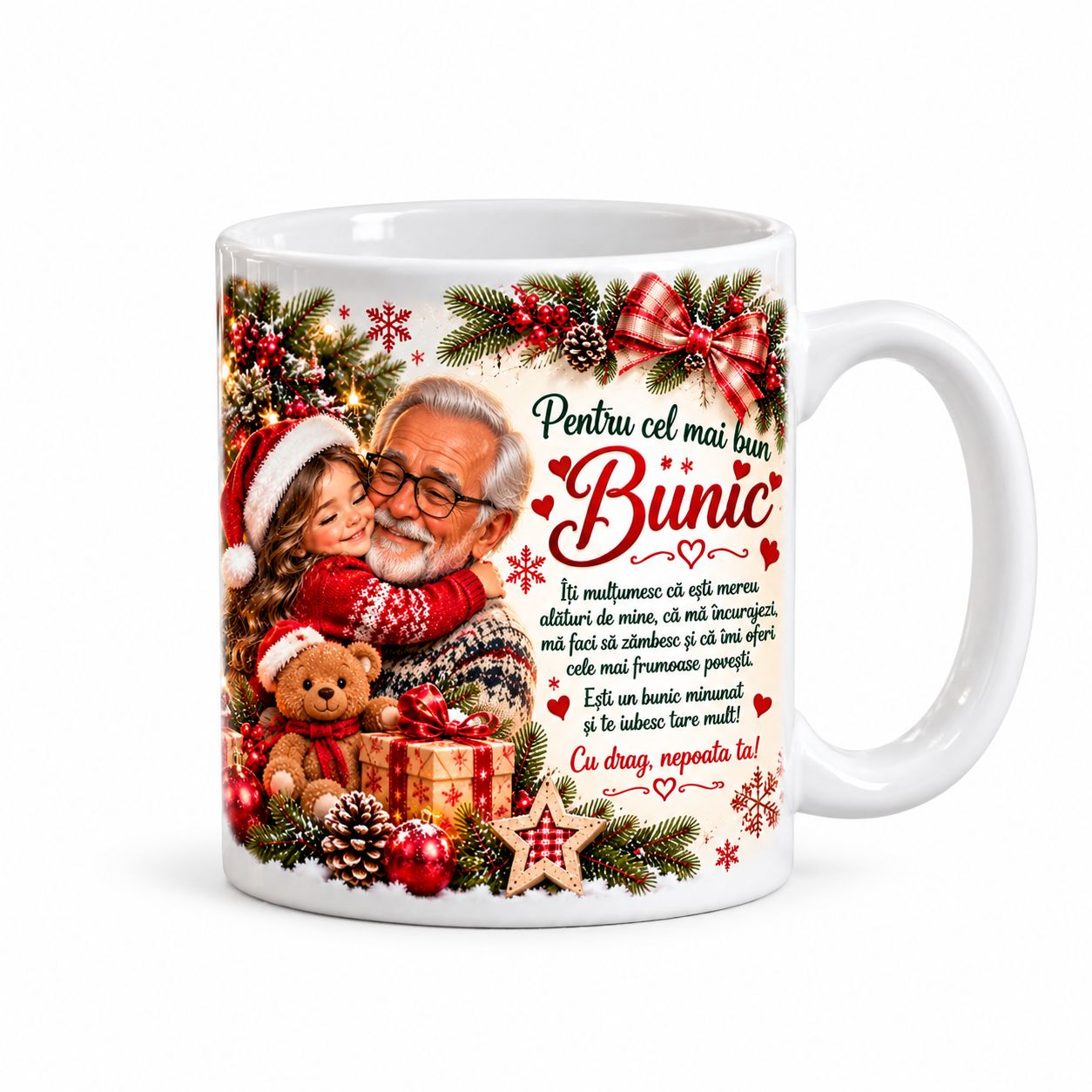 Cană cadou cu tematică de Crăciun pentru bunicul din partea nepoatei,330 ml