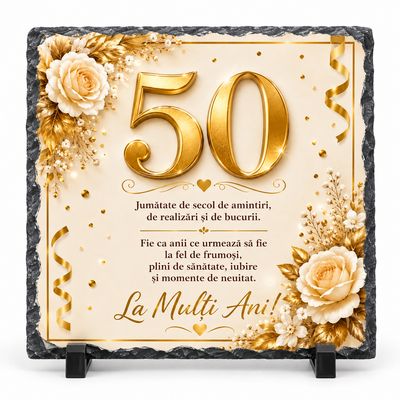 Piatră Ardezie 50 Ani – Cadou Aniversar Elegant 20x20 cm