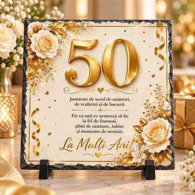 Piatră Ardezie 50 Ani – Cadou Aniversar Elegant 20x20 cm