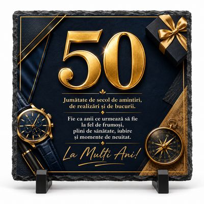 Piatră Ardezie 50 Ani 20x20 cm – Cadou Elegant pentru Bărbat