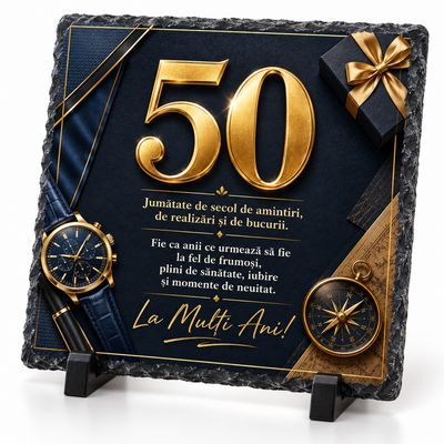 Piatră Ardezie 50 Ani 20x20 cm – Cadou Elegant pentru Bărbat