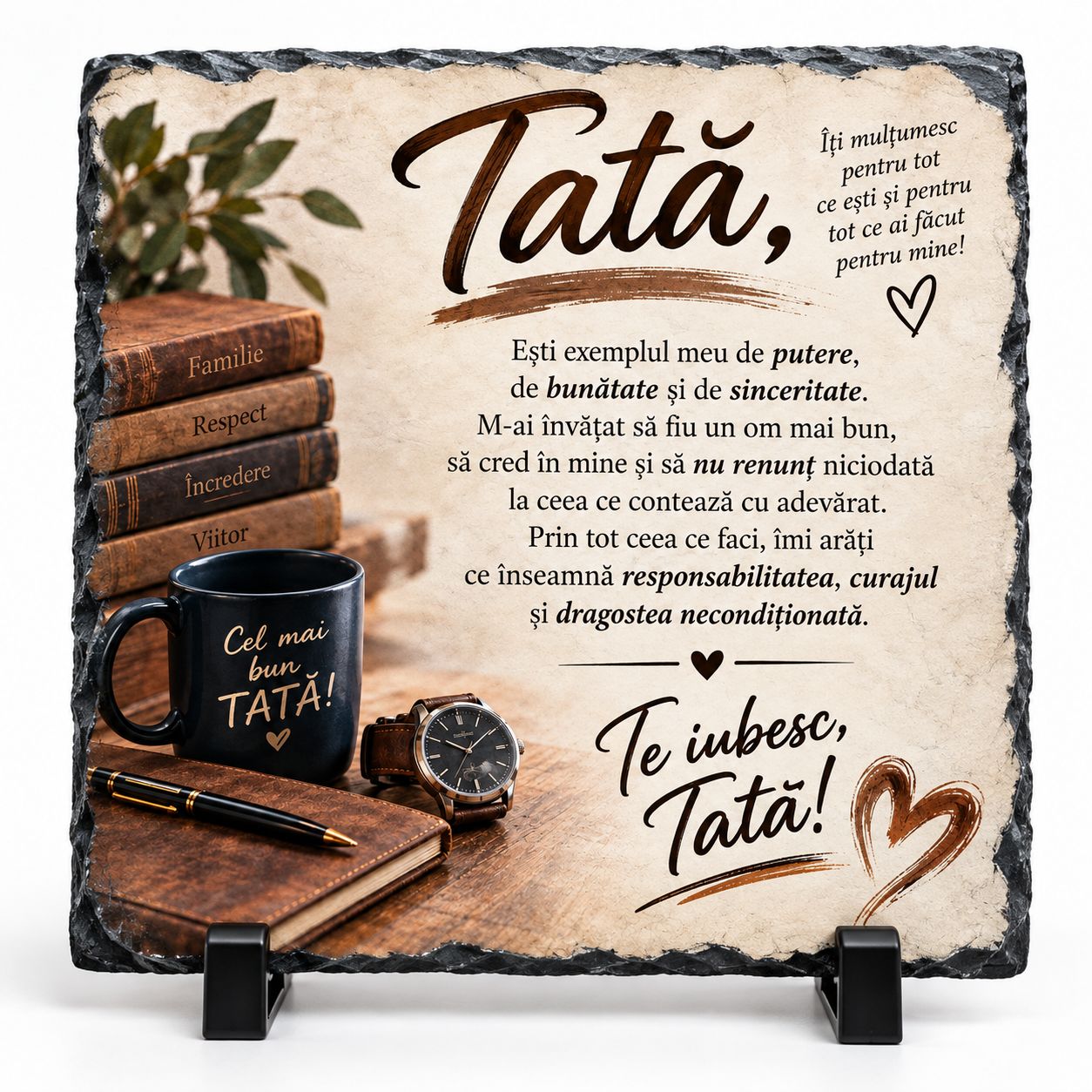 Piatră Ardezie 20x20 cm – „Te iubesc, Tată!” – Cadou Emoționant pentru Tata