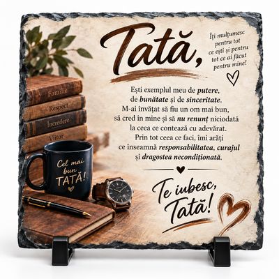 Piatră Ardezie 20x20 cm – „Te iubesc, Tată!” – Cadou Emoționant pentru Tata