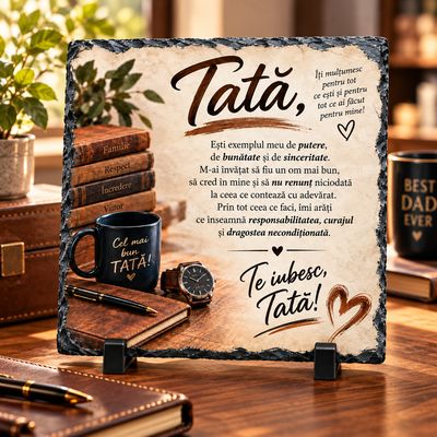Piatră Ardezie 20x20 cm – „Te iubesc, Tată!” – Cadou Emoționant pentru Tata
