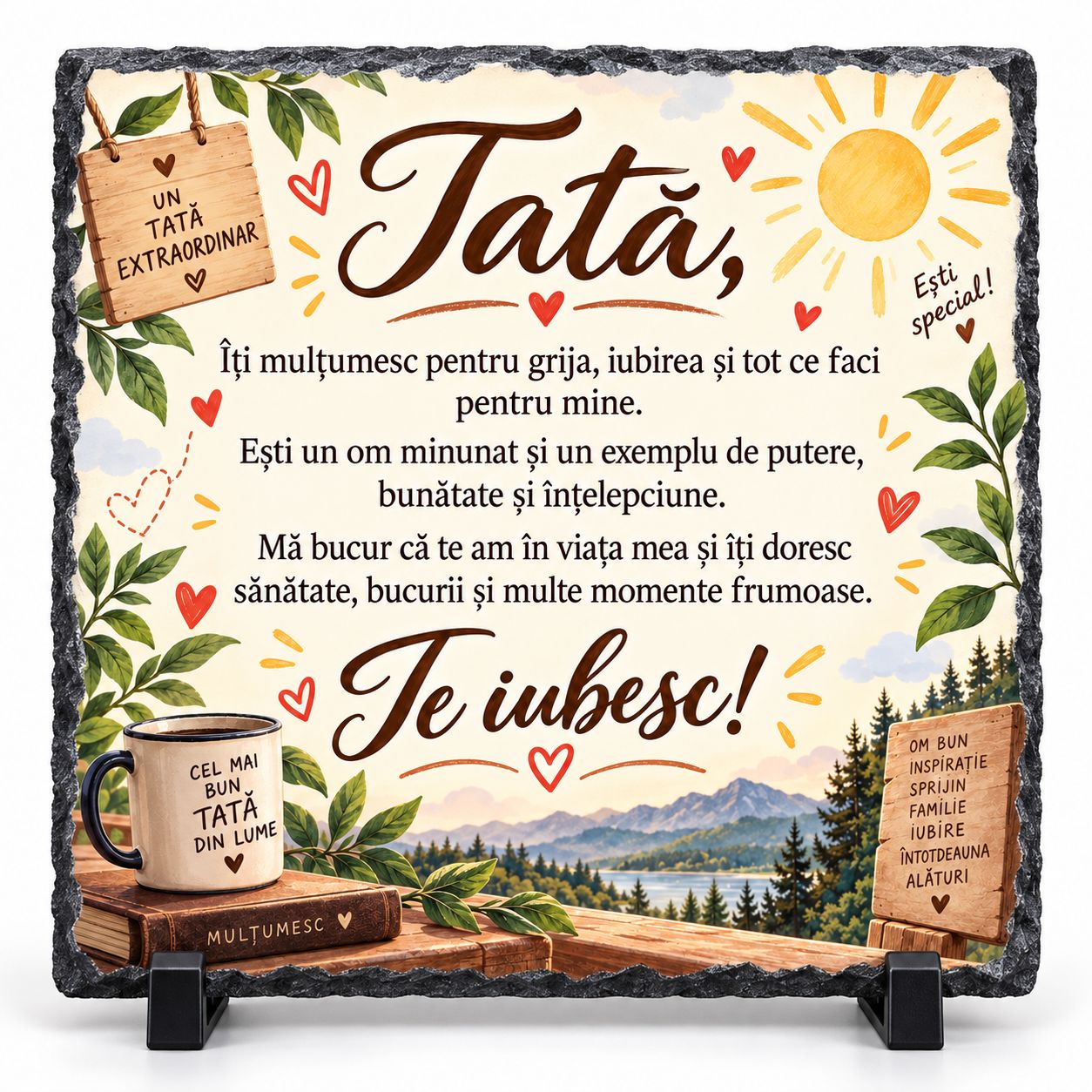 Piatră Ardezie „Tată, Îți Mulțumesc” – Cadou Emoționant pentru Tata, 20x20 cm