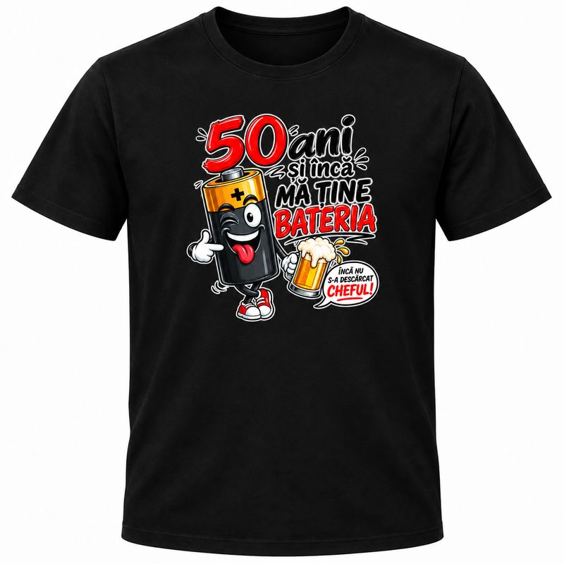 Tricou 50 Ani – „Și Încă Mă Ține Bateria” – Cadou Amuzant pentru Bărbați