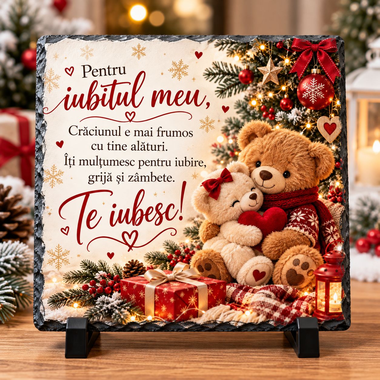 Piatră Ardezie Personalizată 20x20 cm – Cadou de Crăciun pentru Iubit, cu Mesaj de Dragoste