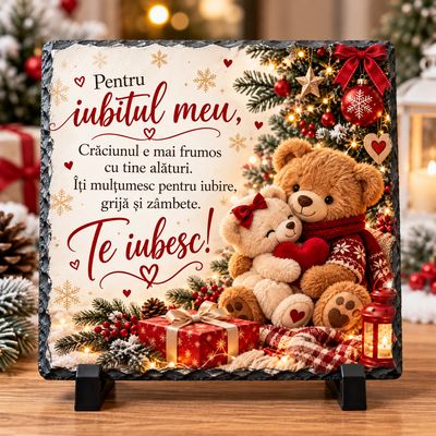 Piatră Ardezie Personalizată 20x20 cm – Cadou de Crăciun pentru Iubit, cu Mesaj de Dragoste