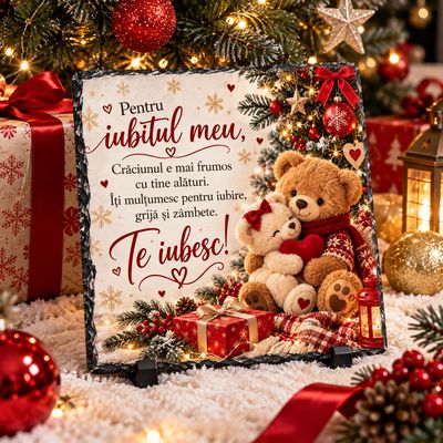 Piatră Ardezie Personalizată 20x20 cm – Cadou de Crăciun pentru Iubit, cu Mesaj de Dragoste