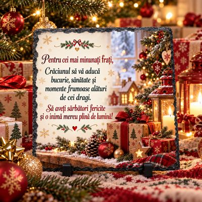 Piatră Ardezie Personalizată 20x20 cm – Cadou de Crăciun pentru Frați, cu Mesaj Emoționant