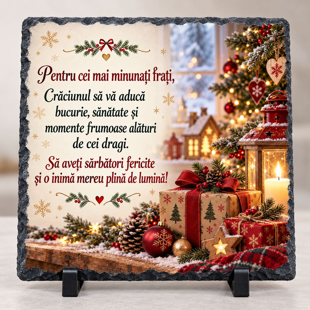 Piatră Ardezie Personalizată 20x20 cm – Cadou de Crăciun pentru Frați, cu Mesaj Emoționant
