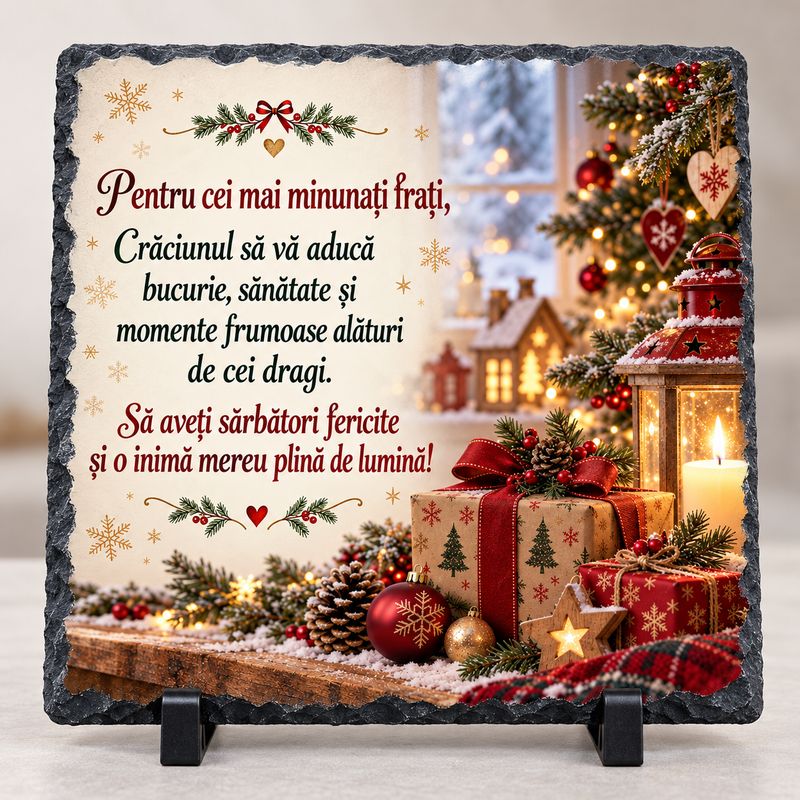 Piatră Ardezie Personalizată 20x20 cm – Cadou de Crăciun pentru Frați, cu Mesaj Emoționant